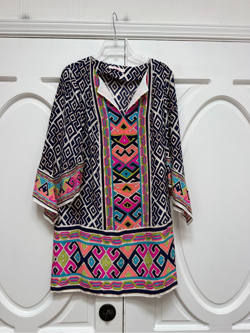 Vibrant Geometric Print Tunic Dress in Navy and Multi Silk Boho
